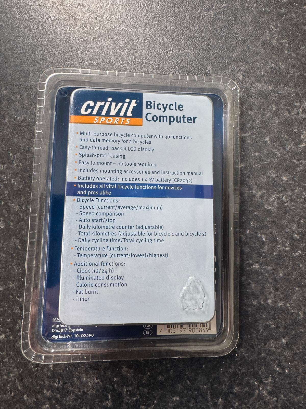 Crivit Sports Bicycle Computer – 30 Functions with Backlit LCD- New & Sealed