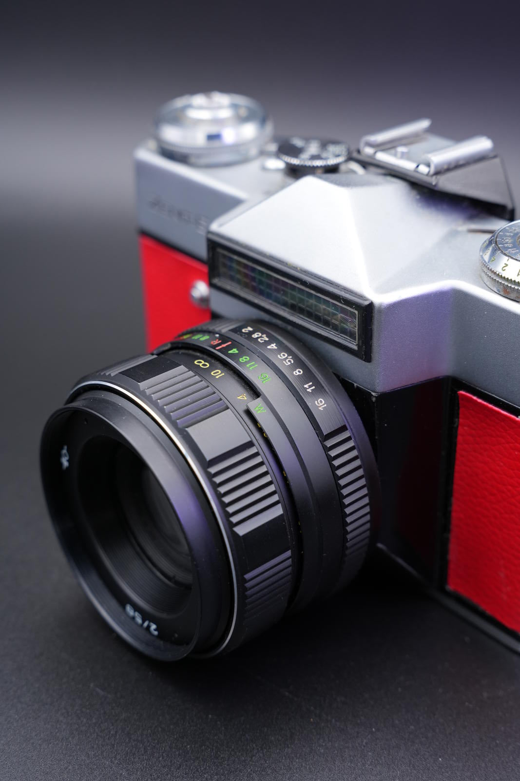 Zenit-E 35mm Vintage 1960's Film Camera With Custom Red Leather + Helios-44M-4